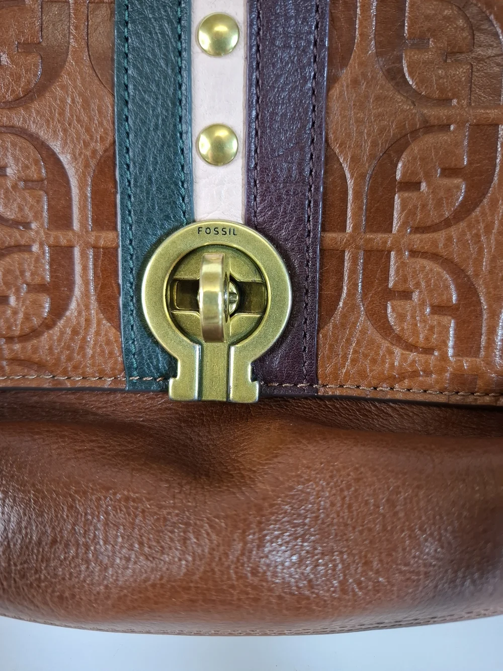 Fossil Brown Leather Crossbody with Studded Stripe Detail